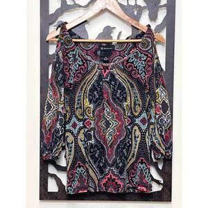 Inc. Cold Shoulder Multicolor Beaded Scoop Neck Blouse Petite Medium Top